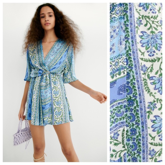 Zara Pants - NWT. Zara Blue Patchwork Print Wrap-Around Jumpsuit